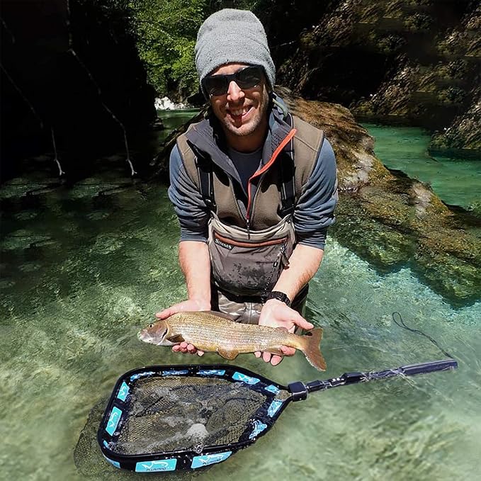 PLUSINNO Floating Fishing Net for Steelhead, Salmon, Fly, Kayak, Catfish, Bass, Trout Fishing, Rubber Coated Foldable Landing Net with Fixed or Telescoping Pole Handle, Fishing Gear and Gifts for Men