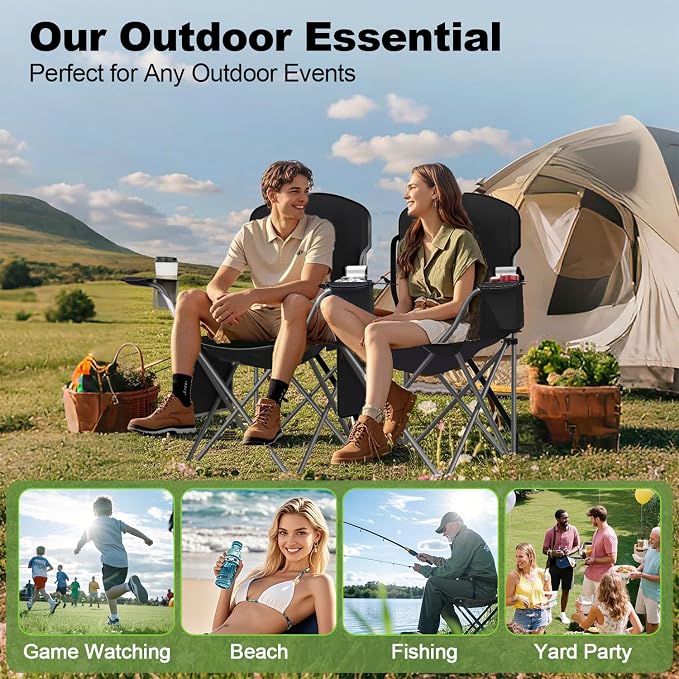VTOY Folding Camping Chairs Durable 600D Oxford, Portable Outdoor Chair with Cooler Pouch, Cup Holder & Storage Pocket for Camping, Beach, Fishing