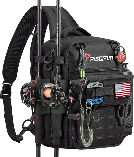 Piscifun Fishing Tackle Backpack, Convertible Sling or Waist Pack, 16-Pocket Storage Gear Bag with 2 Rod Holders & Rain Cover