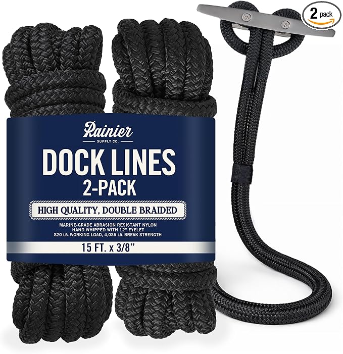 RainierSupplyCo Dock Lines 2-Pack - Boat Rope for Docking with Loop - 15 ft x 3/8 Inch Premium Double Braided Nylon Marine Rope - Mooring Line with 12" Eyelet - Boat Accessories - Black