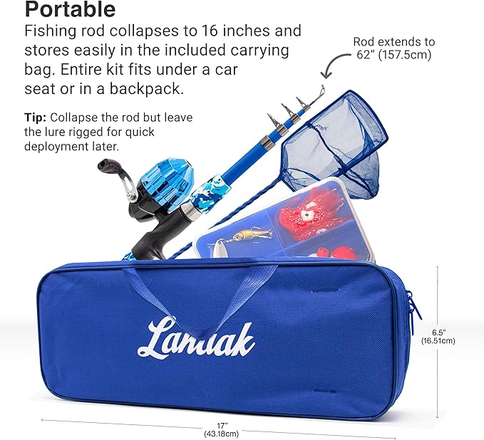 Lanaak Kids Fishing Pole, Kids Portable Telescopic Fishing Rod Set, Tackle Box and Fishing Net Combo Kit, Kids Fishing Gear for Boys and Girls Age 5-10 and Youth