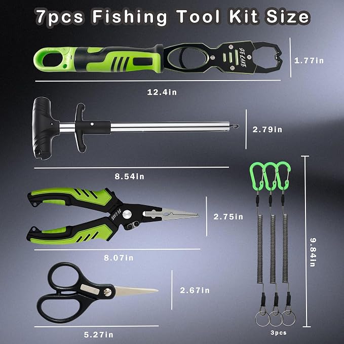 Selake 7 PCS Complete Fishing Tools Set, Fish Lip Gripper with Scale, Fishing Pliers, Hook Remover, Line Cutter & Scissors, Corrosion Resistant for Saltwater Freshwater Kayak Ice Fishing