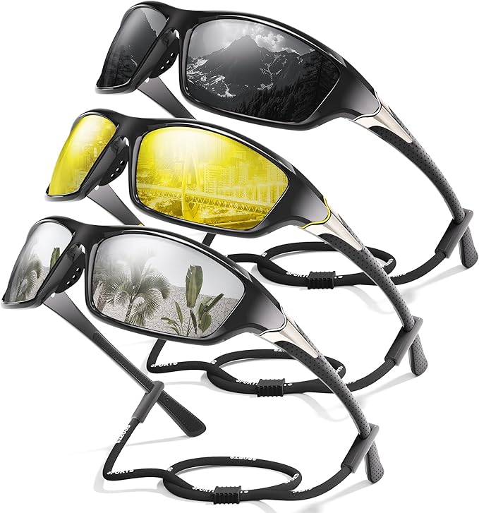 3 Pack Polarized Sports Sunglasses for Men, Mens Sunglasses Wrap Around UV Protection for Cycling Fishing Driving