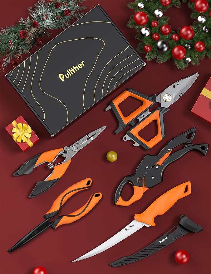 5PC Fishing Tool Kit - Fillet Knife, 2PC Fishing Pliers,Fishing Braid Scissors and Fish Lip Gripper, Fishing Gear for Fly Fishing, Ice Fishing