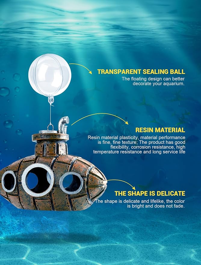 Floating Fish Tank Decoration, Little Cute Retro Submarine Aquarium Decoration with Two Float Balls, Resinous Fish Tank Accessorie, Safe Fish Toy for Betta Cichlid Goldfish Shrimps Hermit Crabs