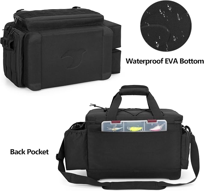 GOBUROS Waterproof Fishing Tackle Bag with Waterproof EVA Bottom (No Tackle Boxes in Package), Soft Tackle Box Storage Bag with Rod Holder, Pliers Storage for Fishing