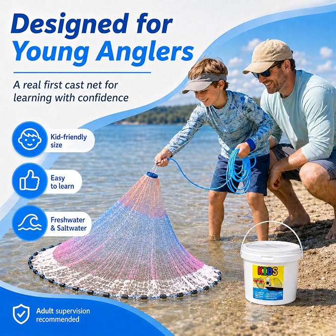 Fishing Cast Net for Kids, Colorful Throw Net for Freshwater & Saltwater, Eco-Friendly Lead Weights, 3/8inch Mesh Size, 0.8/LB Per ft, 3/4.5 Ft Radius Casting Net