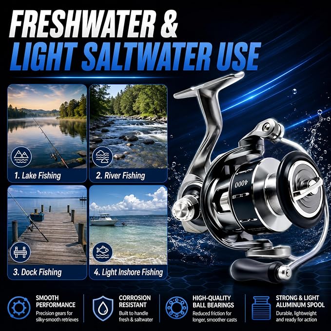 Spinning Fishing Reel, 5+1 Stainless Bearings Lightweight Fishing Reel with CNC Aluminum Spool, 17.6LB Max Drag, Screw-in Handle for Freshwater Saltwater Fishing