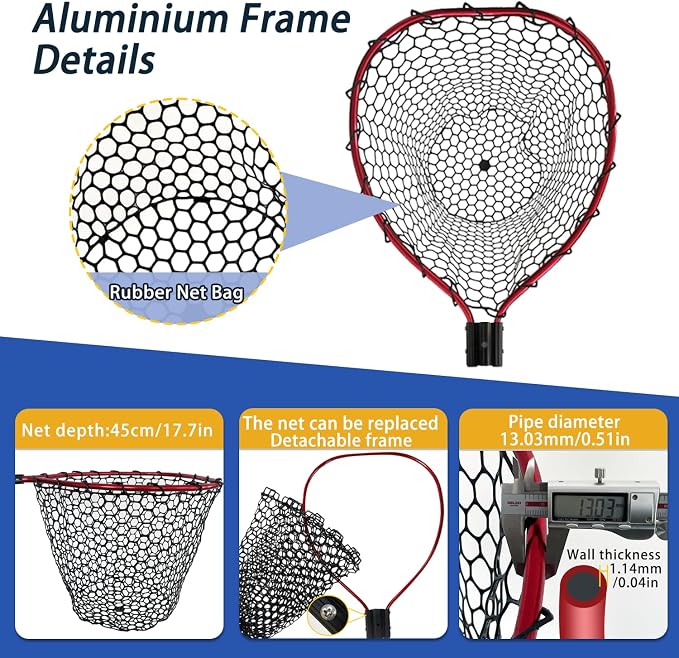 Telescoping Metal Lock Fishing Net with Handle Red Green 64" 52" Rubber Fish Net - Adjustable Length Lightweight Foldable Large Big Collapsible Extendable Fishing Net