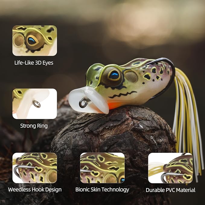 Soft Frog Lures, Topwater Swimbaits for Bass Fishing, Realistic PVC Design, Weedless Hooks, Perfect for Freshwater & Saltwater, Effective Fishing Lures for Pike & Snakehead
