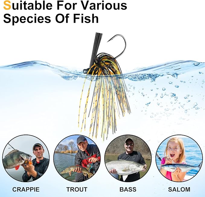 Sumind 8 Pcs Bass Fishing Jigs Bass Weedless Football Jig Metal Football Head Kit Swim Silicone Skirts Weed Guard Flipping Lures, Colorful, 10 G/ 3/8 oz