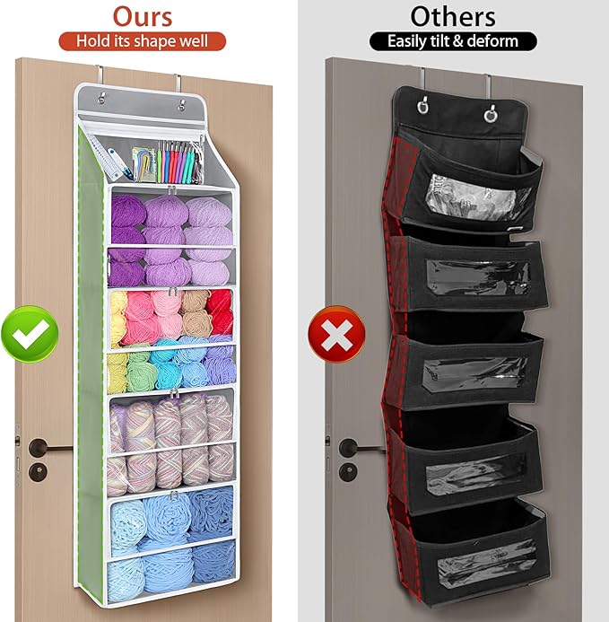 Univivi Hanging Yarn Storage Organizer with 5 Zipper Closure Compartments, Large Capacity Knitting Organizer Storage, Over the Door Hanging Yarn Holder for Knitting Needles, Crochet Hooks (Light Grey)