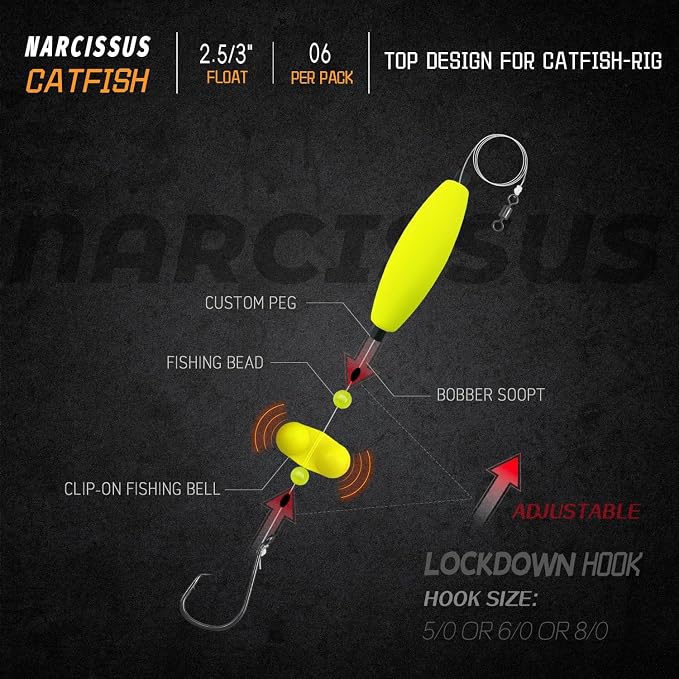 Narcissus Catfish Rigs Set – 6 Pre-Tied Rigs with 2 Sinker Sliders, Float Rigs Tackle, Santee Rig, Circle Hooks 6/0 – Complete & Ready-to-Use Kit