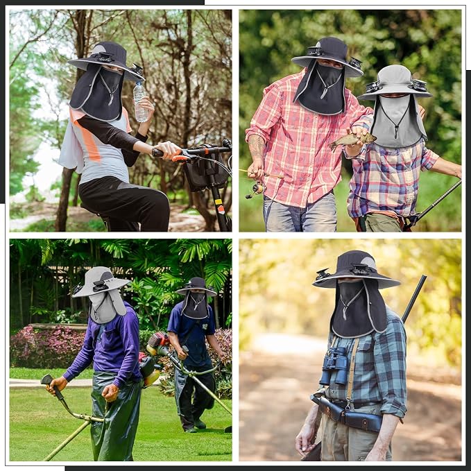 Glitopper 2 Pcs Solar Fan Hat with 2 Fan Wide Brim Removable Face Cover Cooling Fishing Buckets Hats