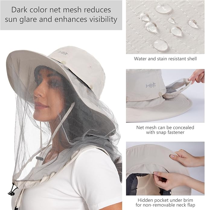 BASSDASH UPF 50+ Mosquito Sun Hat with Hidden Head Net and Neck Flap for Men Women Outdoor Fishing Hiking Camping