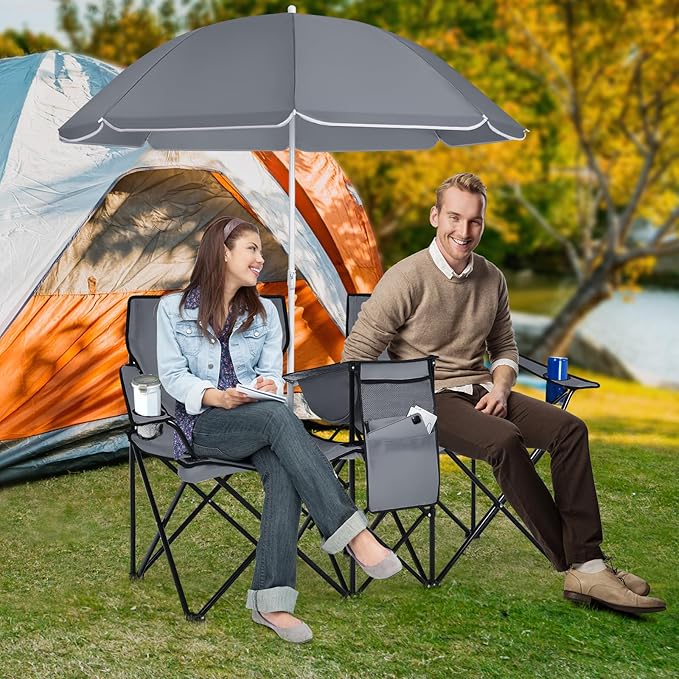 Tangkula Double Camping Chairs with Umbrella, Portable 2 Seat Folding Camp Chair with Cooler Bag, Beverage Holder, Carrying Bag, Foldable Lawn Chair for Outside, Fishing, Picnic, Beach