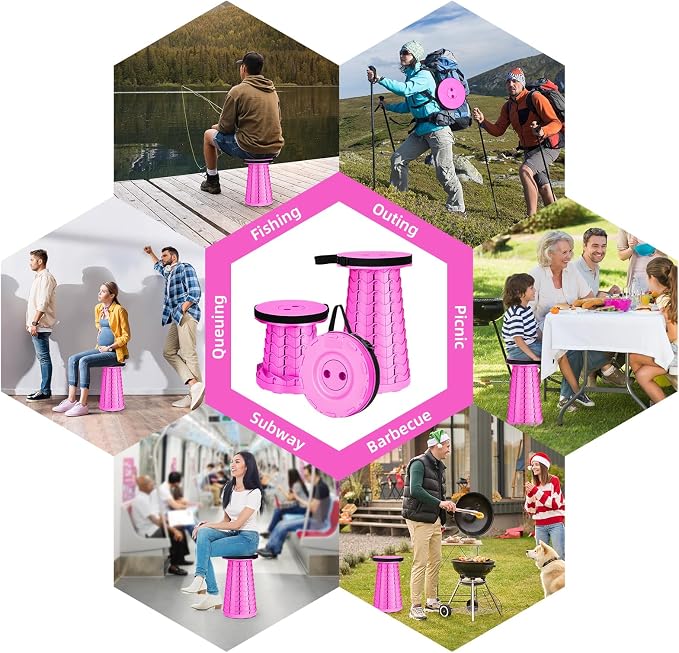 Qiguet Collapsible Stool, Folding Chair - Upgraded Portable Chair with Load Capacity 400lbs, Portable Stool for Camping Fishing Hiking - Folding Stool with Carrying Strap,Gifts for Fisherman(All Pink)