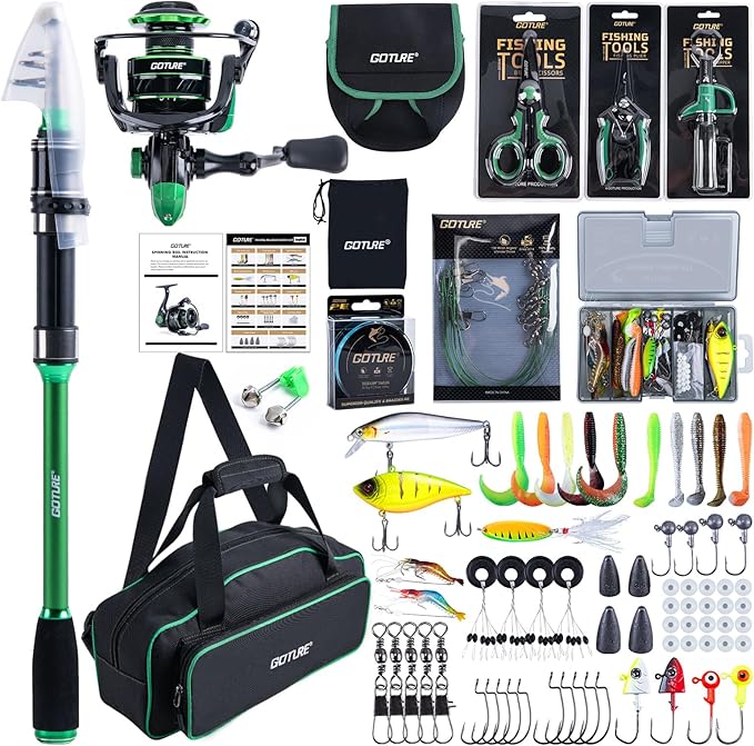 Goture Fishing Poles and Reels Combo - Green Telescoping Fishing Rod Portable Travel Kit with Carrier Bag for Freshwater Saltwater