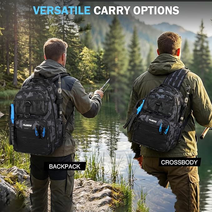 PLUSINNO Fishing Gear, Fishing Backpack with Fishing Rod, Tackle Box, Waterproof Tackle Backpack with Rod Holders,Lures, Tools, Pliers & Accessories, Fish Gifts for Men