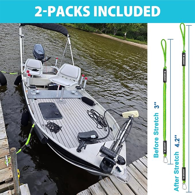 Obcursco 3FT Bungee Dock Lines,Boat Dock Rope,Jet Ski Accessories with 316 Stainless Steel Clip for Kayak,Seadoo,Pontoon,Yamaha WaveRunner,Canoe (2 Pack, Yellow/Green)