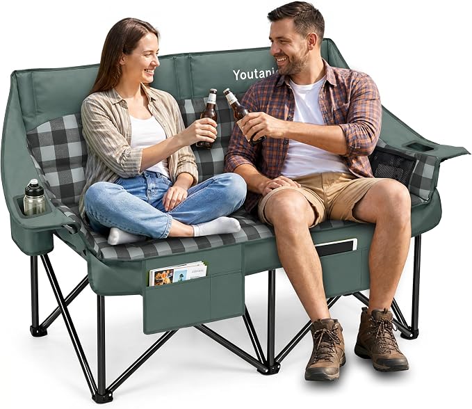 Youtanic Double Camping Chair, Heavy Duty 650lbs Padded Loveseat for Adults, Folding 2 Person Camp Couch with Cup Holder & Carry Bag, Wide Plaid Portable Lawn Seat for Outdoor Beach Sports, Gray