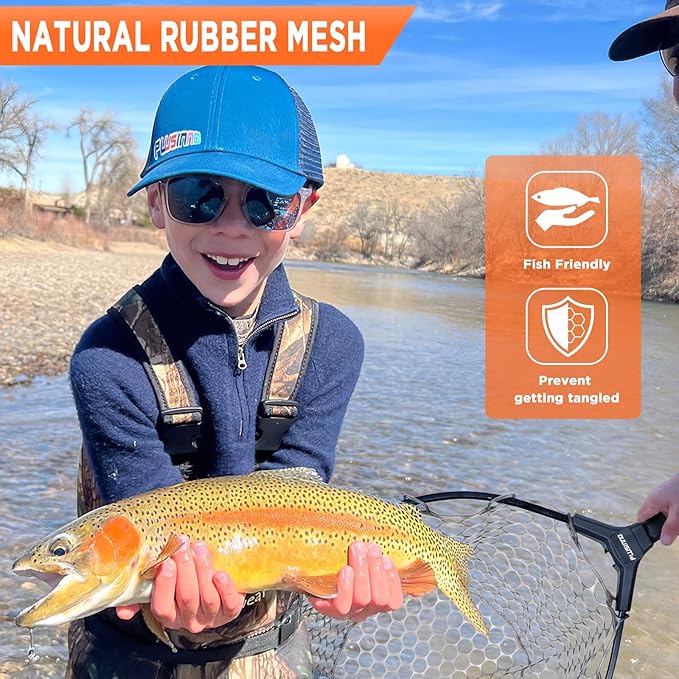 PLUSINNO Fly Fishing Net, Bass Trout Landing Net, Folding Fishing Nets Fresh Water, Safe Fish Catching or Releasing