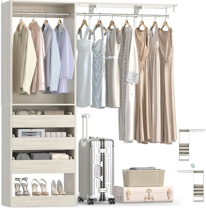 60" Wide x 80" Tall Closet System with 3 Half-Open Wooden Drawers, 5FT Closet Organizer System with 2 Hanging Rods & Removable Tower, Freestanding Wardrobe Organizer for Walk-in Bedroom, White Oak
