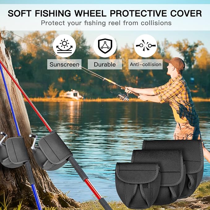 3-Size Fishing Reel Cover Pouch + 3 Black Fishing Rod Straps, Protective Reel Case for Baitcasting and Spinning Reels, Adjustable Fishing Rod Strap for Fishing Gear Storage