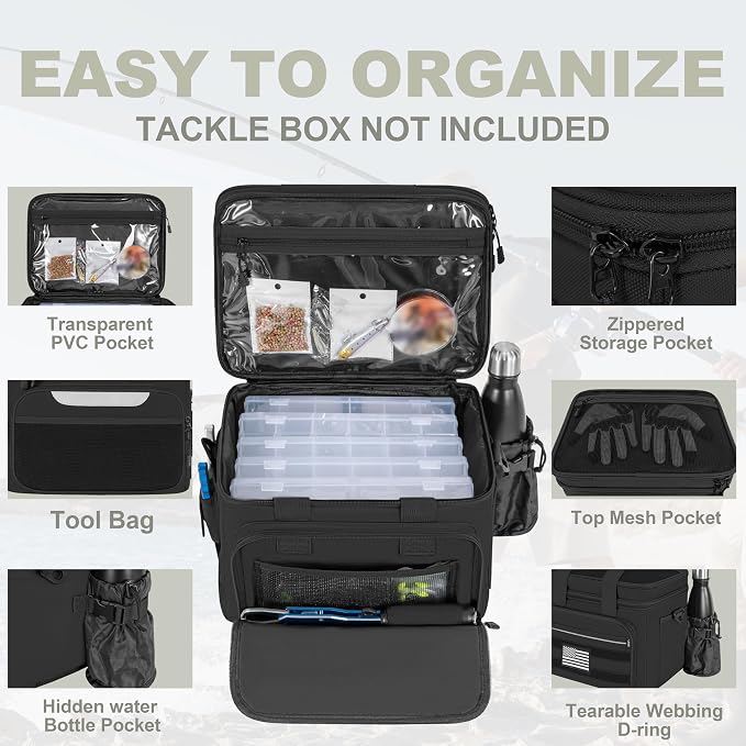 Fishing Tackle Bags, 19L Waterproof Tackle Box Organizer Shoulder Storge for Saltwater & Freshwater Fly Fishing Gear and Equipment, holds 3400-3600 Size Tackle Boxes (Bag Only, Black)