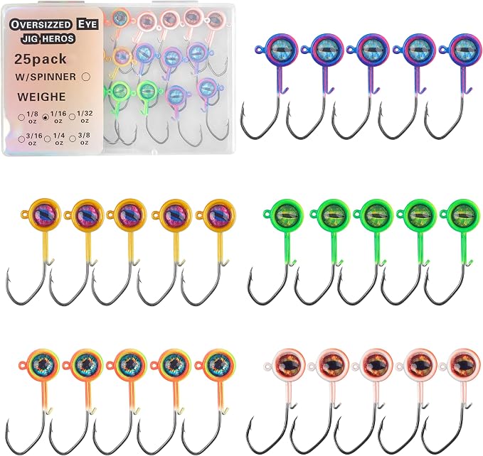 Crappie Jig Heads Fishing Lures Kit, 25pcs Underspin Jig Heads with Spinner Blade Eye Ball Head Painted Crappie Lures Fishing Jigs for Bass, Trout, Panfish, Sunfish