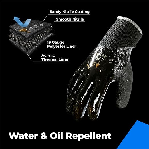 toolant Waterproof Gloves for Men and Women, Freezer Gloves with Grip, Double Nitrile Dipped for Extreme Oil Repellent, for Construction, Mechanics, Mining, Plumbing, Black, Medium
