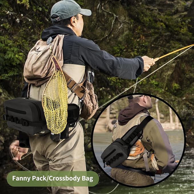 Waterproof Waist Bag with Fishing Rod Holder, Fanny Pack with Airtight Zipper Closure Multi-functional Lightweight Tackle Bag for Fly Fishing Outdoor Sports Camping Kayaking (Black)