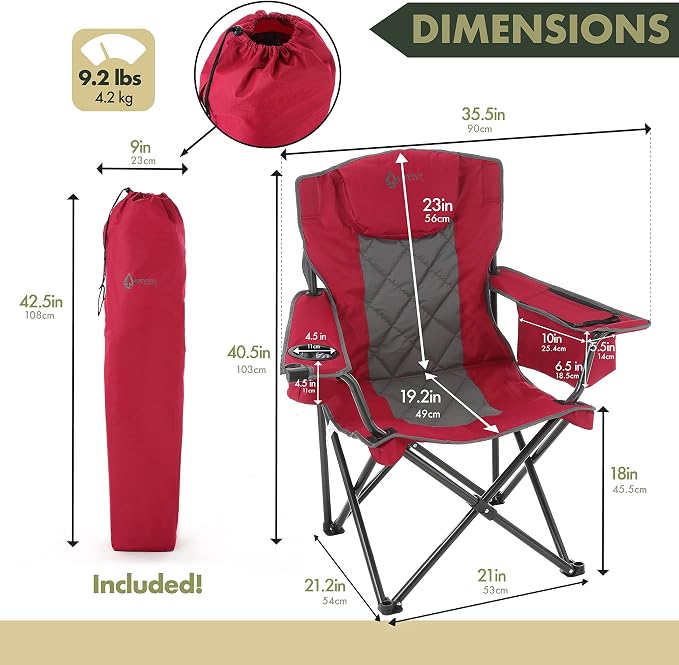 ARROWHEAD OUTDOOR Portable Deluxe Folding Camp Quad Chair w/Headrest, Glass & Cup Holders, Armest 6-can Cooler, Heavy Duty Carry Bag, 550 lbs Weight Capacity