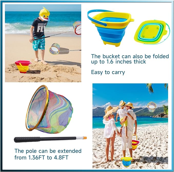 2PCS Fishing Net with Bucket, Telescopic Fishing Landing Net, Collapsible Youth Sand Bucket, Youth Fish Butterfly Catching for Freshwater Saltwater Outdoor Activities