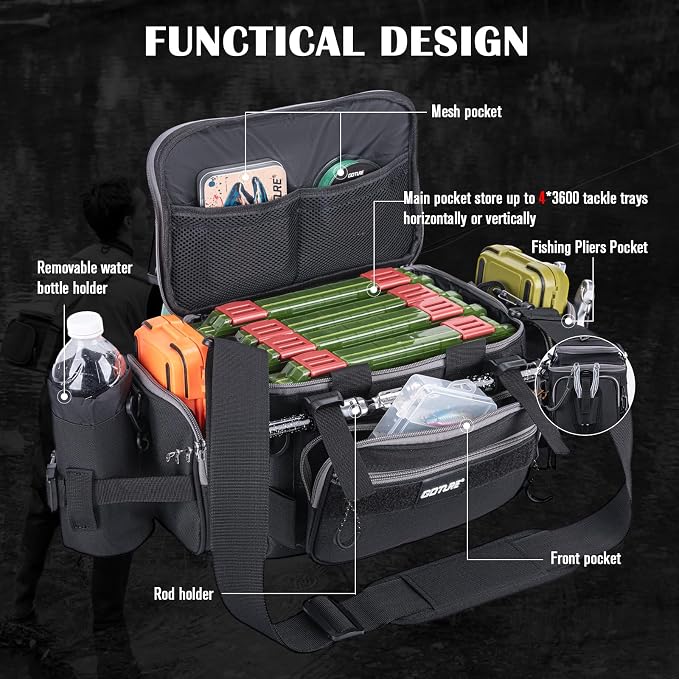 Goture Fishing Tackle Bag with 4 Tackle Boxes, Soft Side 600D Water-Resistant Cross Body Sling Fishing Bag with Rod Holder, Small Saltwater Gear Storage Tactical Bags, Gifts for Men/Women