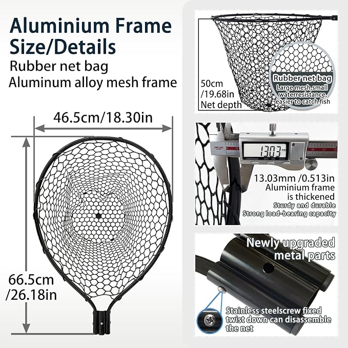 All Metal Telescoping Rubber Fishing Net with Handle Length: 59" Depth:19.7" Hoop: 26"x18" Large Silicone Fish Landing Net Pier/Kayak/Fishpond/Saltwater/Salmon Extendable Fishing Gear