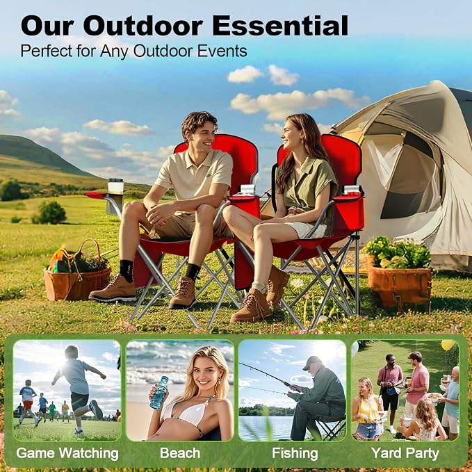 VTOY Folding Camping Chairs Durable 600D Oxford, Portable Outdoor Chair with Cooler Pouch, Cup Holder & Storage Pocket for Camping, Beach, Fishing