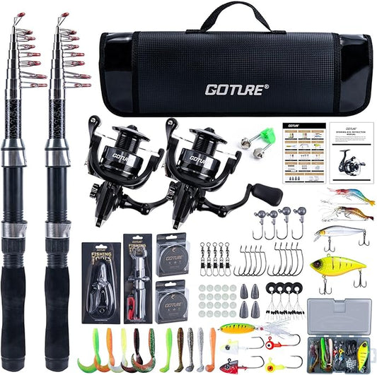 Goture Fishing Rod and Reel Combos-2PCS Telescopic Fishing Pole+2PCS Spinning Reels with Carrier Bag,1.8M-2.7M Telescopic Rod Reel Kit for Starter Travel Saltwater Freshwater,Gifts for Men