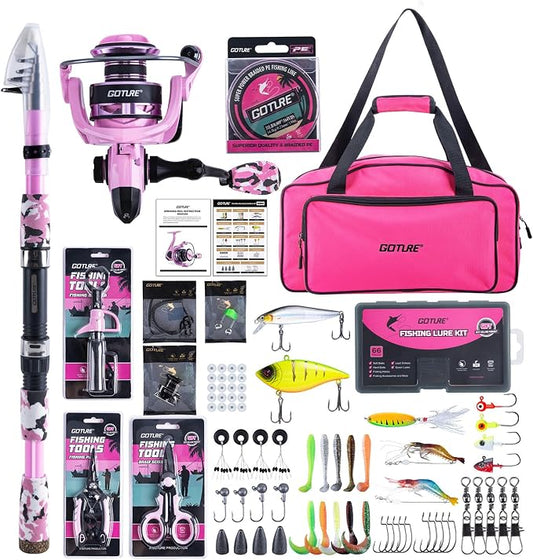 Goture Pink Fishing Rod and Reel Combo - ML Action Spinning Reel Pole with Pink Bag - Telescopic Rod Kit for Starter Travel Saltwater Freshwater, Gift for Woman