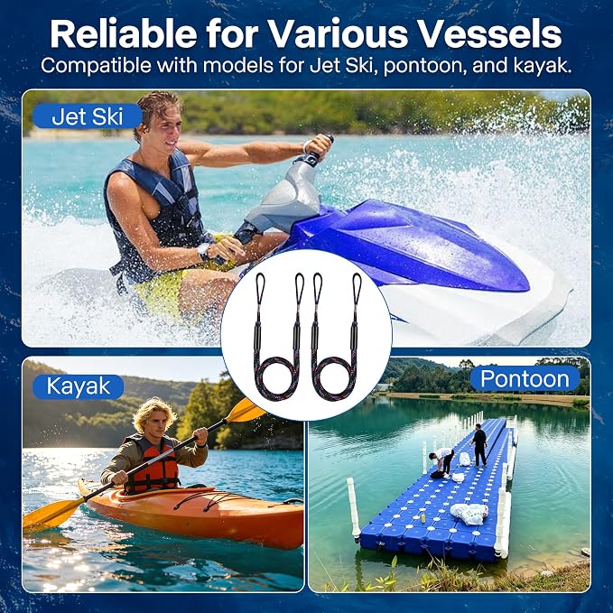 Boat Bungee Dock Lines, Scratch-Free Loop Ends Mooring Rope, Shock Absorbing Pontoon Tie Down Accessories Compatible with Models for Jet Ski（4ft-2 Pack-Red&Black&Blue）