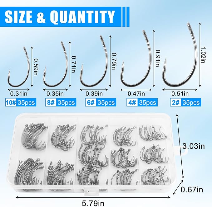 175pcs Barbless Fishing Hook Kits,Small Size Carp Fishing Hooks Curve Shank Crank and Wide Gape Fly Tying Hooks Circle Hook with Tackle Box Size 2#,4#,6#,8#,10#