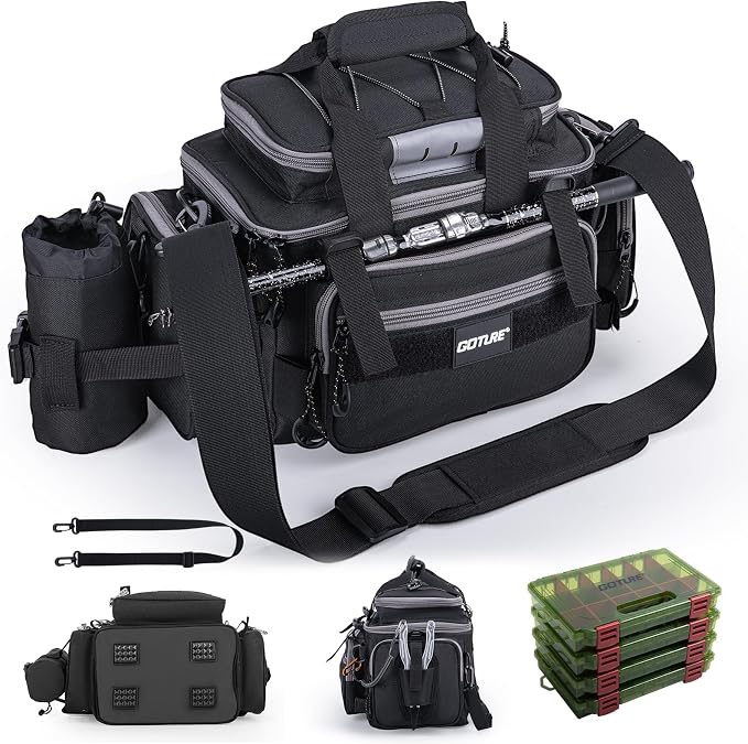 Goture Fishing Tackle Bag with 4 Tackle Boxes, Soft Side 600D Water-Resistant Cross Body Sling Fishing Bag with Rod Holder, Small Saltwater Gear Storage Tactical Bags, Gifts for Men/Women