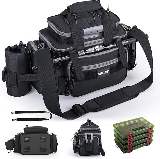 Goture Fishing Tackle Bag with 4 Tackle Boxes, Soft Side 600D Water-Resistant Cross Body Sling Fishing Bag with Rod Holder, Small Saltwater Gear Storage Tactical Bags, Gifts for Men/Women
