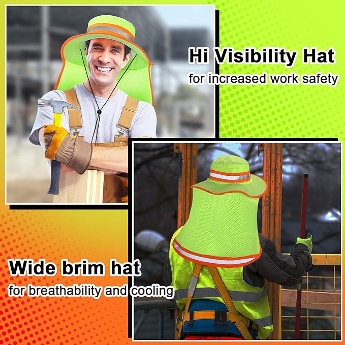 Jexine 10 Pcs High Visibility Reflective Hat with Neck Flap Safety Sun Hat for Men Bucket Cap Boonie Hats Bulk