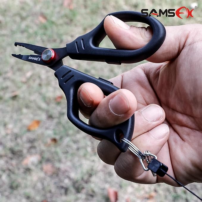 SAMSFX Fishing Scissors for Braided Line, Fishing Line Cutter Saltwater and Freshwater, Serrated Shears with Retractor, Optional Split Ring Opener Function