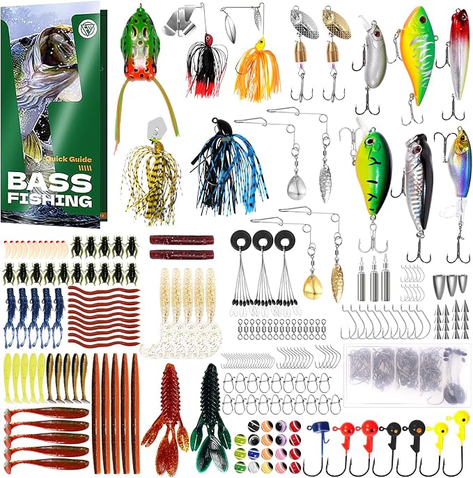 FONMANG 322-Piece Fishing Lures Kit - Buzz Bait/Spinner Baits/Jig/Frog, Fishing Tackle Box with Tackle Included, Soft Bait/Hooks/Weights, Fishing Gear Lure Kit Gift for Men Freshwater Bass Trout
