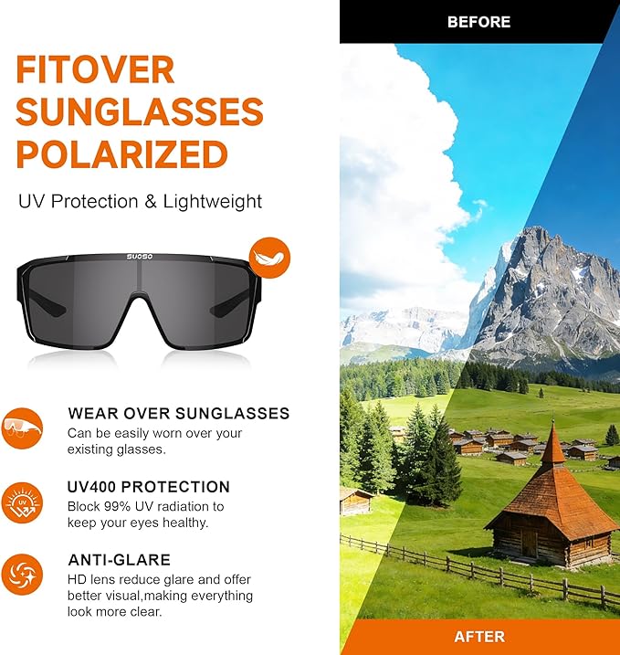 suoso Sports Polarized Fit Over Glasses: Men and Women UV400 Protection SunGlasses for Driving Fishing