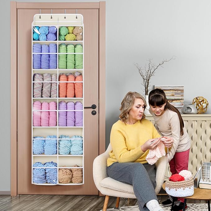 Univivi Over Door Hanging Yarn Storage Organizer, 6 Tiers Hanging Yarn Organizers and Storage with 12 Mesh Side Pockets for Crochet Accessories, Knitting Needles and Yarn Balls, Beige