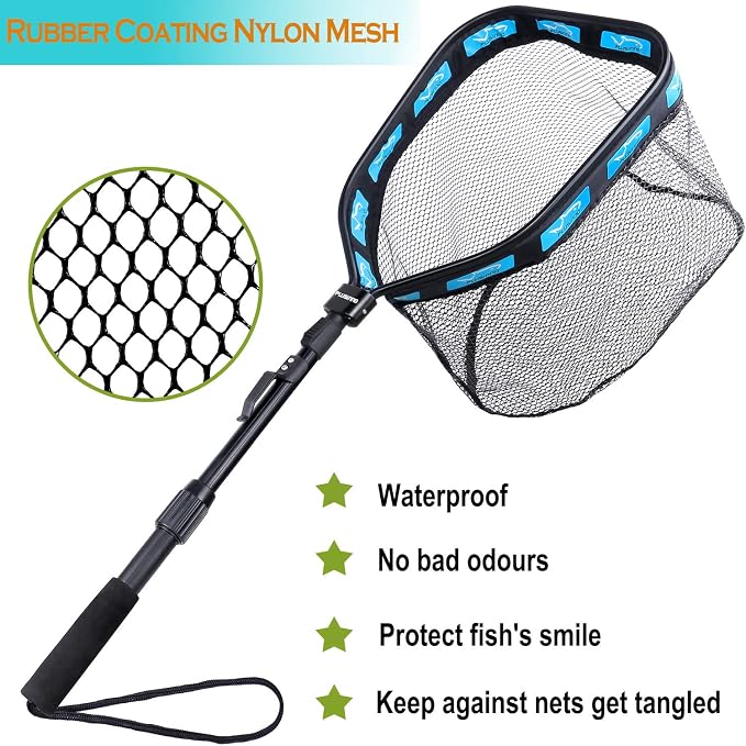 PLUSINNO Floating Fishing Net for Steelhead, Salmon, Fly, Kayak, Catfish, Bass, Trout Fishing, Rubber Coated Foldable Landing Net with Fixed or Telescoping Pole Handle, Fishing Gear and Gifts for Men