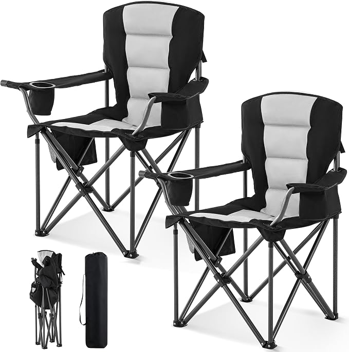 Oversized Camping Chairs for Adults 2 Pack Heavy Duty 450LBS Thick 600D Oxford Fabric Outdoor Folding Camping Chairs with Cup Holder and Ice Bag for Sports, Fishing, Lawn (Black & Light Gray)